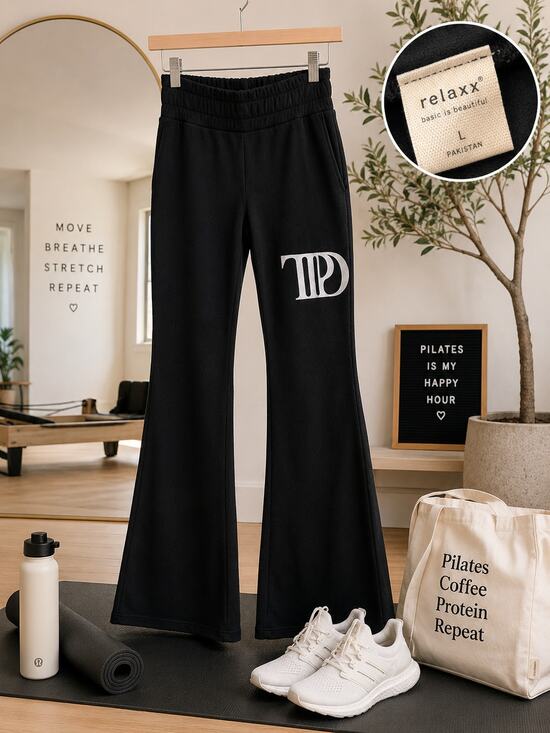 Relaxx by Exist Pants - Relaxx Black Fleece Lined Flare Leg Yoga Pants Graphic Logo Size L